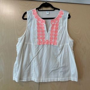 old navy white blouse with neon pink embroidery